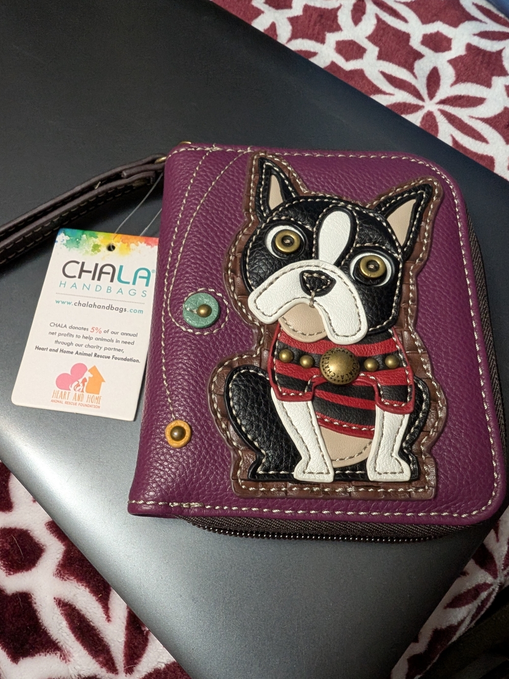 Chala Purple French Bulldog Applique Zip Wristlet Wallet NWT